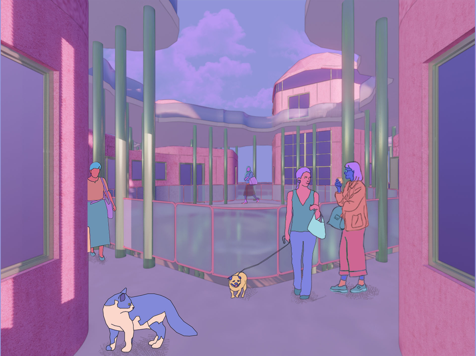 A rendering of an enclosed outdoor space surrounded by domed structures. People walking and talking in the open area, with a dog and a cat in the foreground.