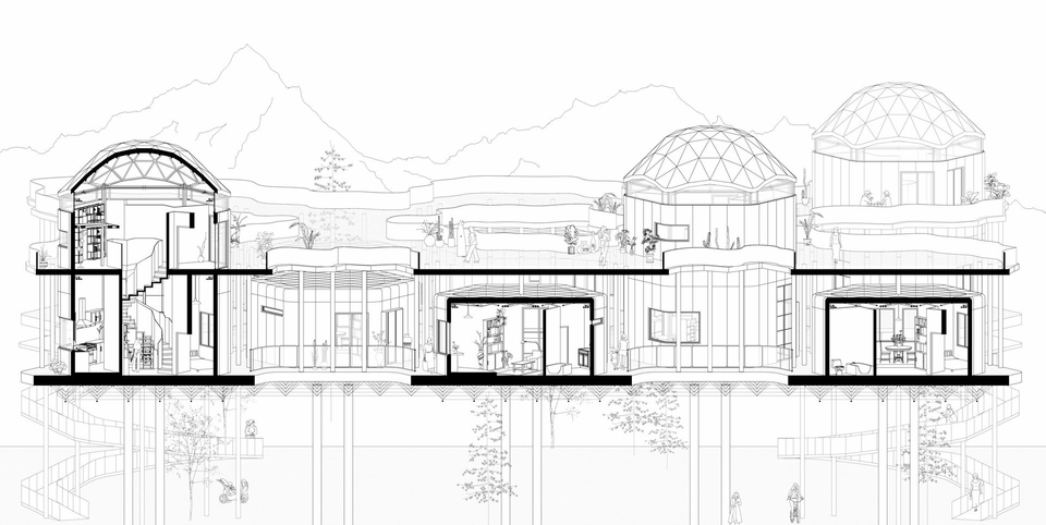 A technical drawing of several domed structures surrounded by mountains.